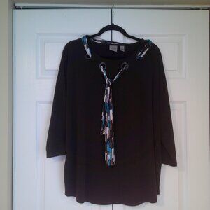 Chicos Easy Wear brown pullover blouse with neck tie.